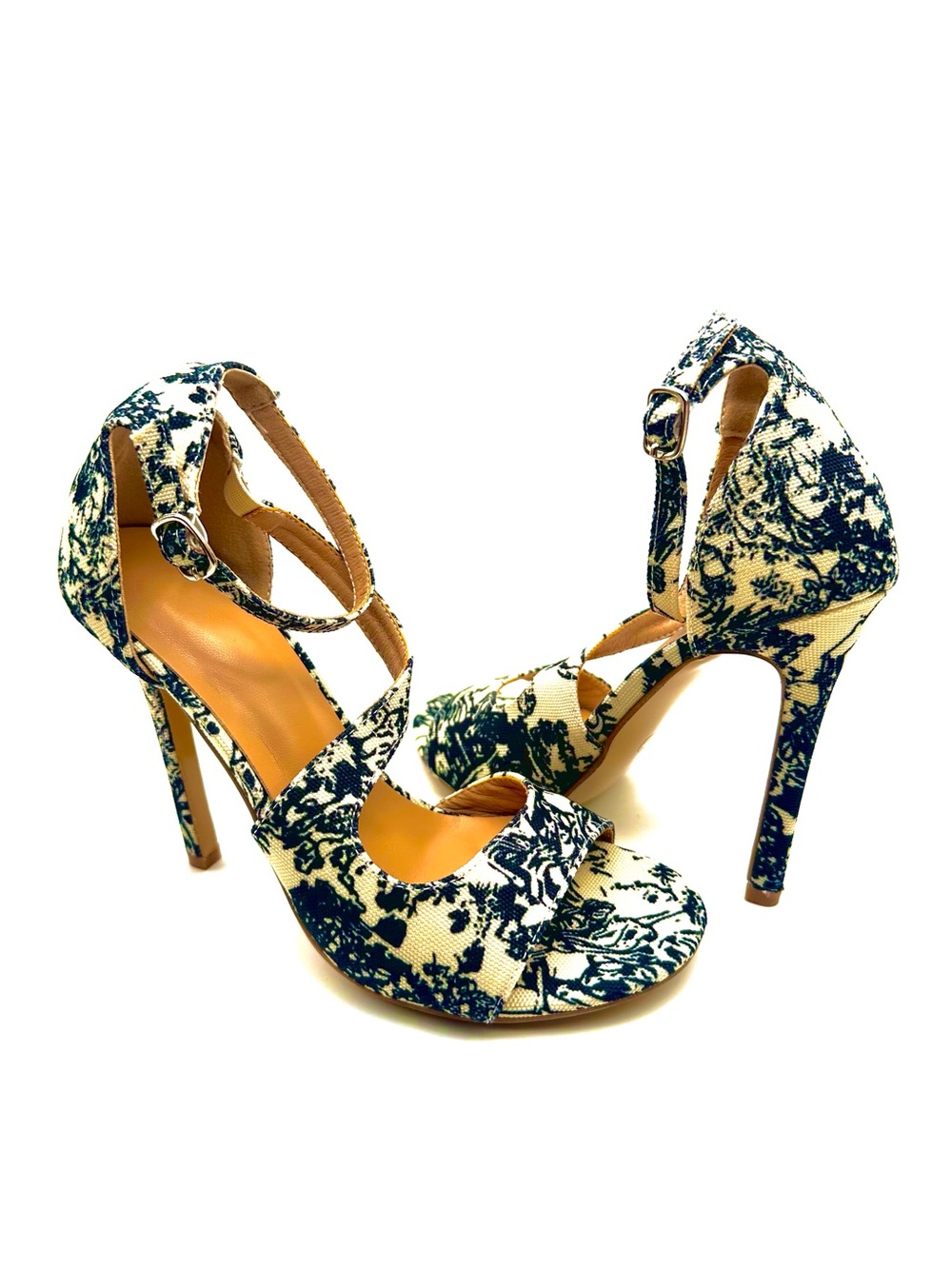 Black & Cream Floral Print Ankle Strap Heels - Size 38 - New